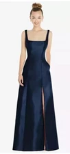 Alfred Sung Square Neck Satin A-Line Gown Midnight Blue $261, D826 New Size 10