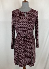 NWT $99 Ann Taylor Dress Large Petite Burgundy Chain Pattern Long Sleeve Belt