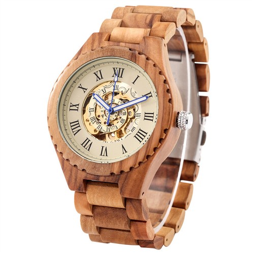 Luxury Men's Wood Watch Auto Mechanical Skeleton Wrist Watches Full Wooden Band - Picture 6 of 11