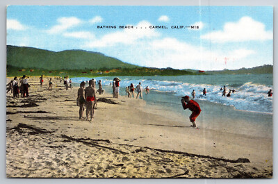 Vintage Postcard CA Carmel Bathing Beach Swimmers Shoreline Waves ~8812