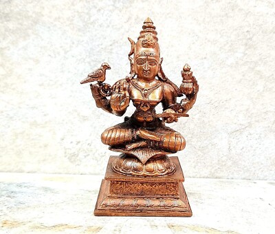 Copper Handmade Goddess Sharada Maa Figurine Statue Rich Patina Antique Finish