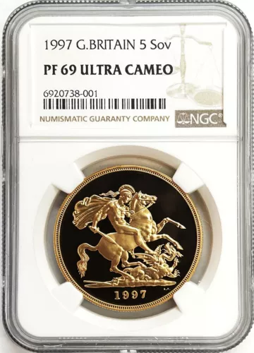 1997 GOLD GREAT BRITAIN 802 MINTED 5 POUNDS SOVEREIGN NGC PROOF 69 ULTRA CAMEO
