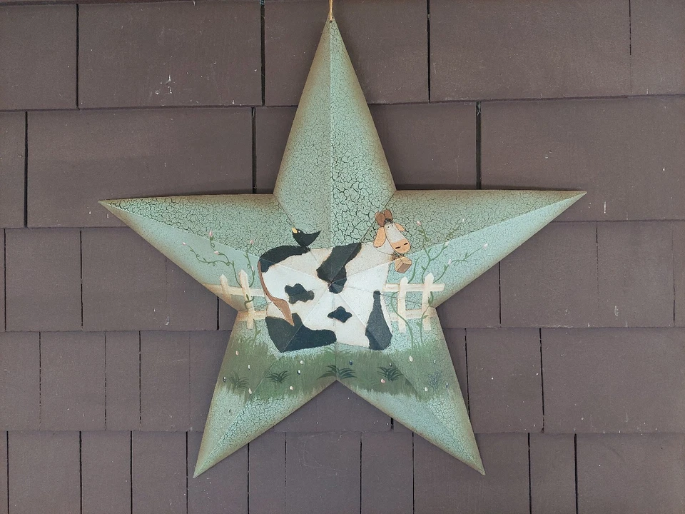 Estrella de Granero Decorativa 24" - Vaca y Pájaro en Campo por Cerca Foto 2 de 4