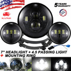 7" LED Headlight + 4.5" Passing Lights + Brackets For Harley Davidson Motorcycle