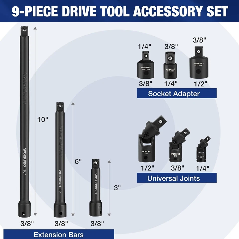 WORKPRO 9Piece Drive Tool Accessory Set Socket Adapter Extensions 1/4"&3/8"&1/2" - Image 2 of 4