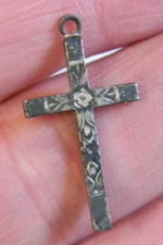 Religious etched floral ornate squared cross small charm pendant medal
