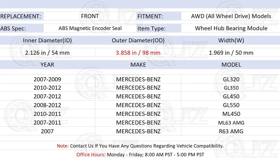 [2-Pack] FRONT Hub Bearing [98mm] for Mercedes-Benz GL450 GL550 GL350 GL320 - Image 2 of 4