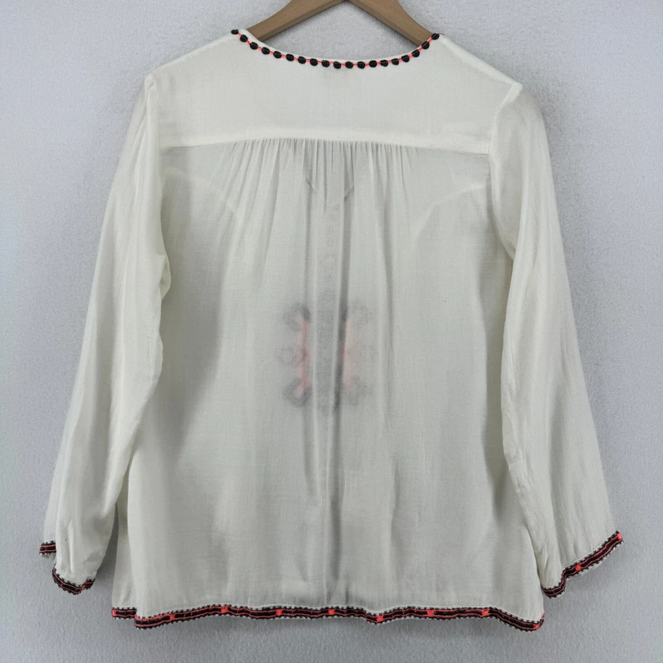 ROBERTA ROLLER RABBIT Top S Southwestern Tassel Tie Crepe Cotton Viscose White - Image 2 of 4