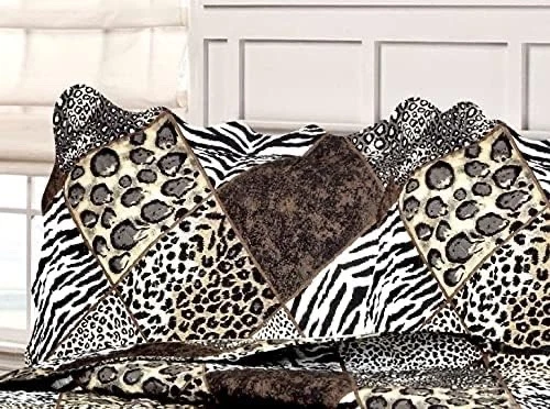 Juego de edredón de 3 piezas festoneado con estampado animal de retazos de guepardo y leopardo Safari Foto 4 de 4