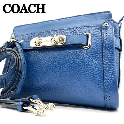 COACH Swagger 2way Shoulder Bag Blue Turnlock Genuine Leather 
