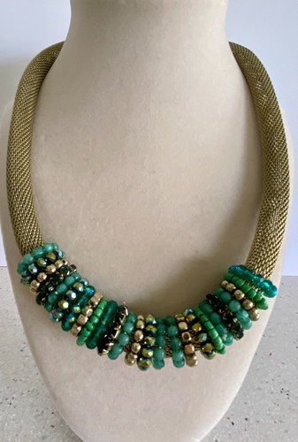 Green Seed Bead Wrapped Chunky Statement Collar Necklace, Gold Mesh Chain Boho