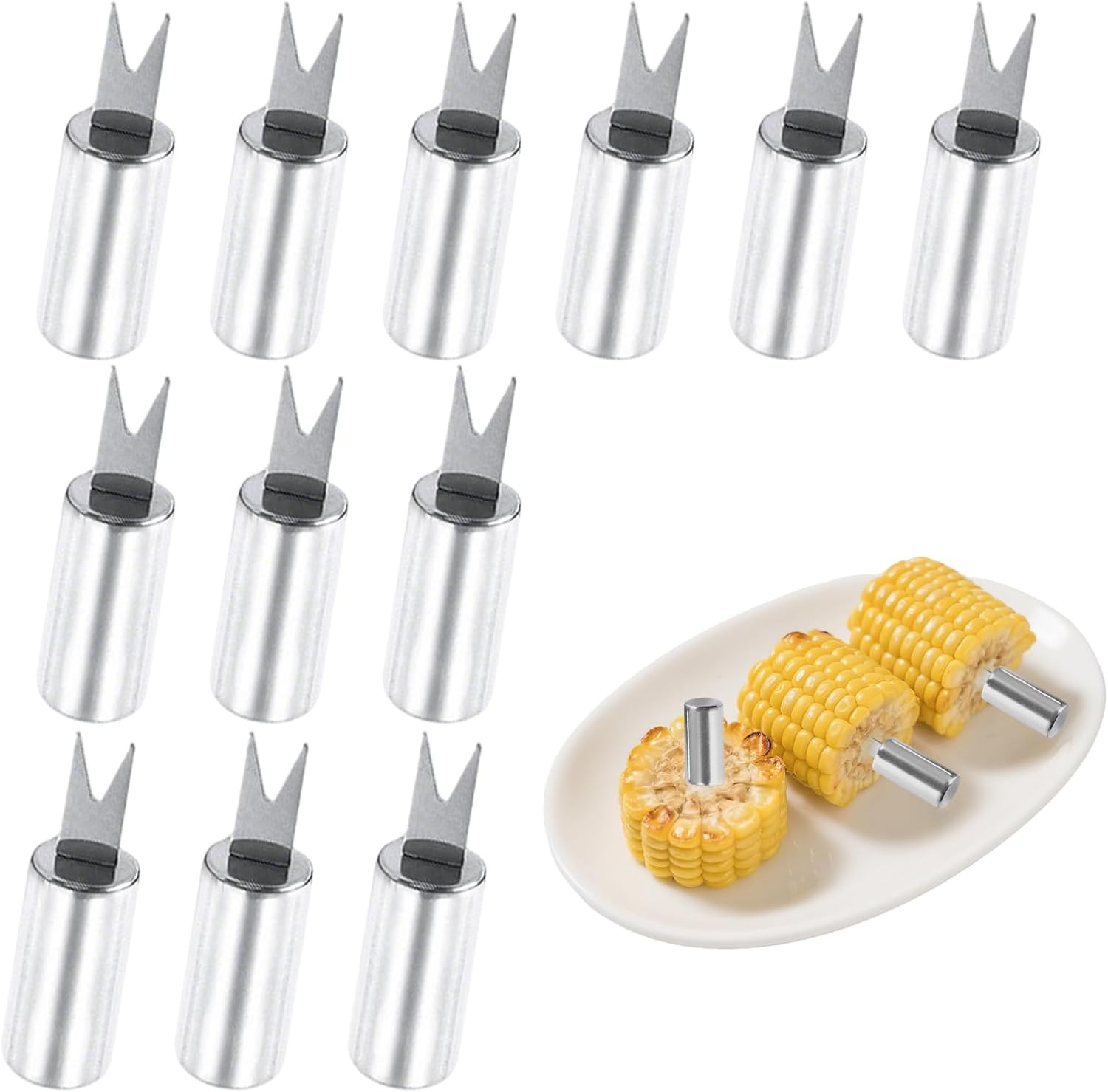 12PCS Corn on the Cob Skewers Holders Stainless Steel Cob Forks for BBQ Camping