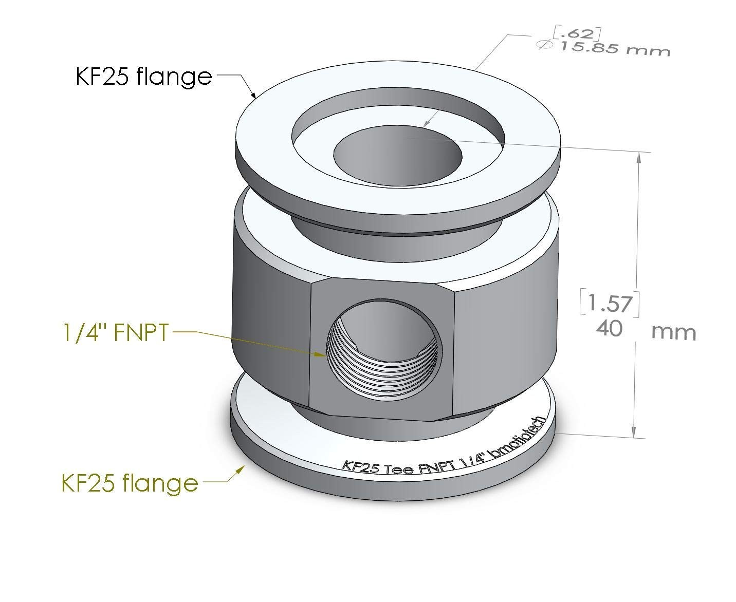bmotiontech KF25 Adaptive Tee, middle port 1/4 FNPT, stainless steel 304