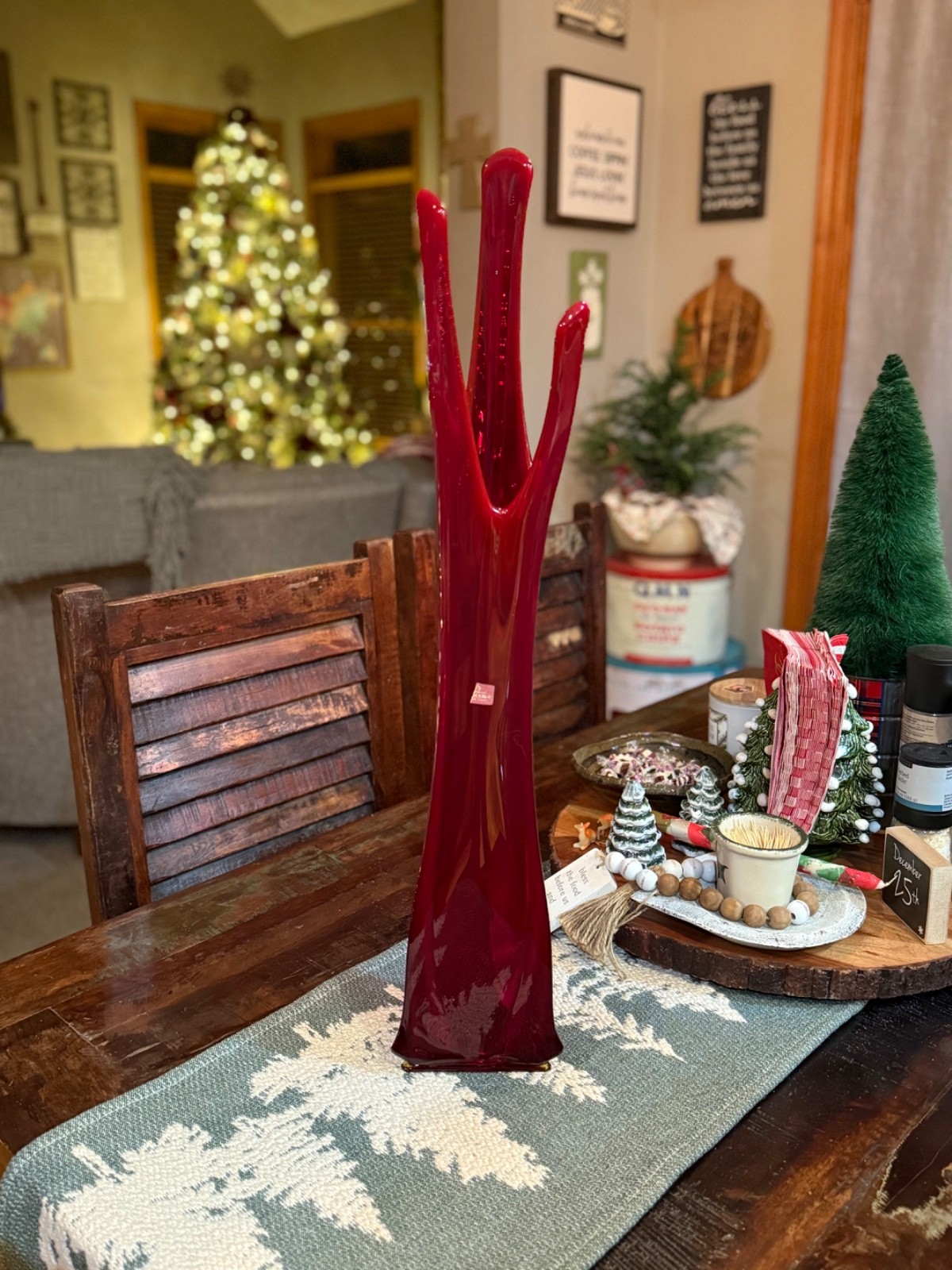 HTF Vintage MCM Viking Glass 26.5” Red 3 Foil Swung Vase Stunning