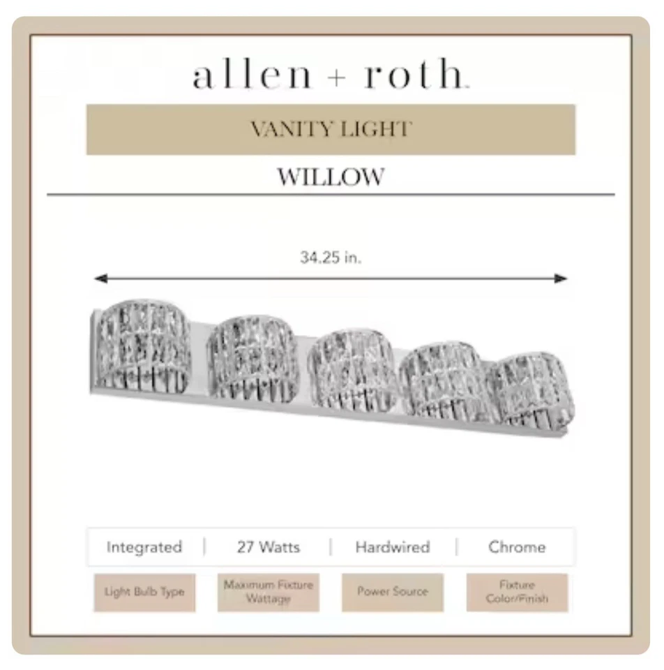 Allen+Roth Willow 34,25” 5 luces cromo pulido moderno tocador barra de luz 1085T Foto 3 de 4