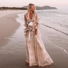 Customized Boho Lace Embroidered Long Sleeve Wedding Dress Deep V Neck and Flowy