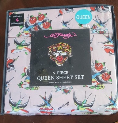 ED HARDY 6 PIECE QUEEN SHEET SET PINK TATTOO LOVEBIRDS HEARTS BORN FREE PRINT 