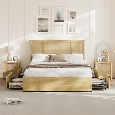 Full Bed Frame with Natural Rattan Headboard, 4 Storage Drawers, Wooden Slats