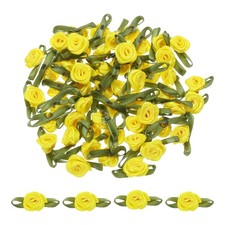 30Pcs Yellow Ribbon Roses 5/8"x1-3/16" Mini Roses for Sewing Appliques Crafts