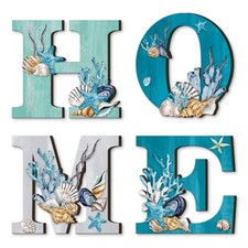4Pcs Wood Home Sign Coastal Beach Style Signs Blue Starfish &Shell Wall Decor 