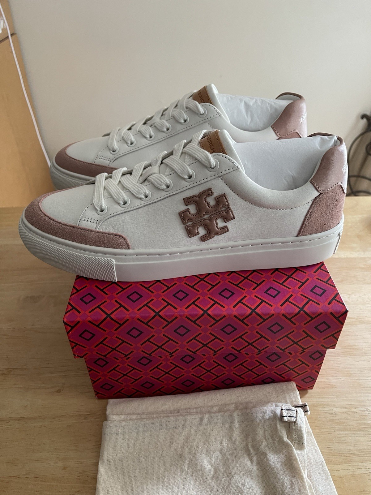 NIB Tory Burch Color Block Sneaker Bari Nappa In Pink Moon/Malva/Snow W Size 7.5