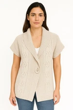 Croft & Barrow Womens Beige Knit M Sweater Button Front Cardigan Short Sleeve