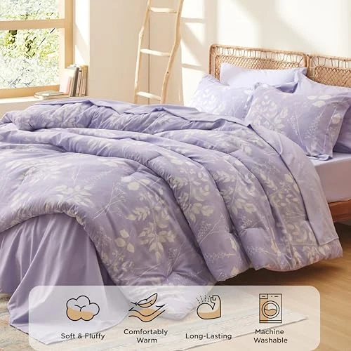  Conjunto de edredom queen size - 7 peças de roupa de cama macia floral lavanda, cama queen size  - Imagem 3 de 4