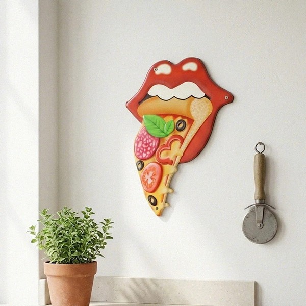 Premium Wandschild Pizza Aus Eisen Mit Rotem Mundmotiv, Gestanzt, H.24 Cm-image