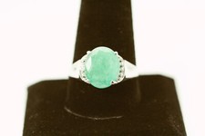 925 Sterling Silver Oval Natural Green Stone W/Clear Accents Ring 6 G RIN8626