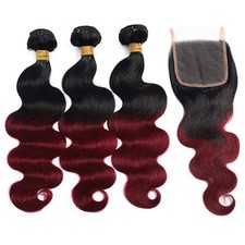 Human Hair 1B/99J Body Wave 3 Bundles With Closure 100g/Bundle FREE WEAVY CAP