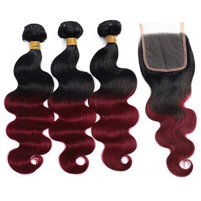 Human Hair 1B/99J Body Wave 3 Bundles With Closure 100g/Bundle FREE WEAVY CAP