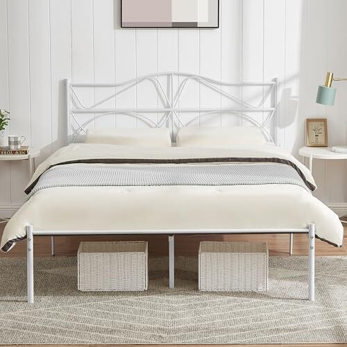 Size Bed Frame, Metal Bed Platform with Headboard, Full White Metal Bed Frame