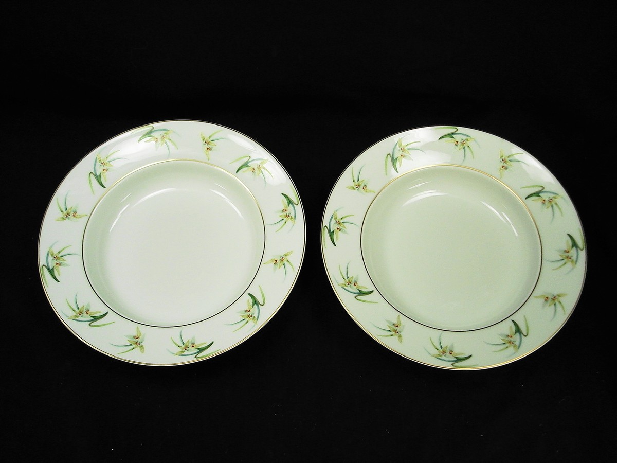 PAIR OF GENUINE LALIQUE LIMOGES ORCHIDEES RIMMED SOUP BOWLS NEW