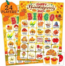 24 Players Thanksgiving Bingo Cards for Kids with Punny Stickers
