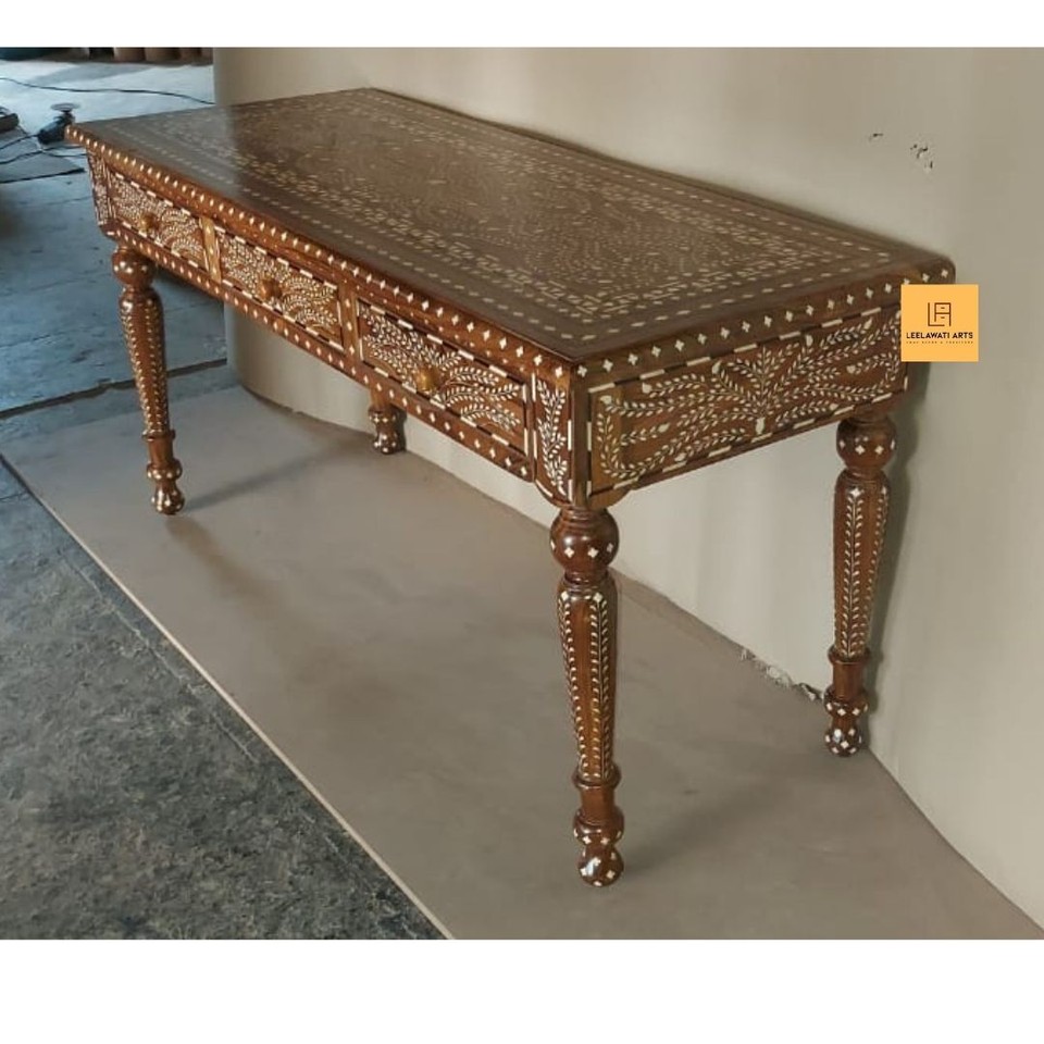 Teak Wood Inlay 3 Drawer Console Table | eBay