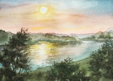 Summer Landscape Watercolour Painting Ukrainian Country River Forest Sun Art