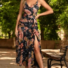 Lulus floral boho chic tall long maxi dress ruffled bodycon for wedding party XS