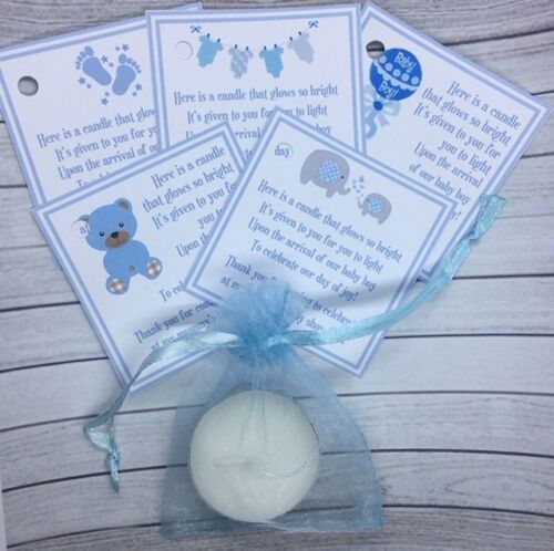 Baby shower tealight SCENTED candle favours BLUE Teddy Elephant Footprints - Picture 1 of 12