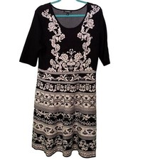Roz & Ali Black White Sweater Dress Print A-Line Short Sleeve Size Large