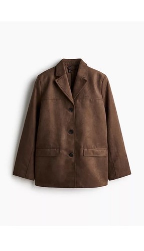 New H&M Oversized Single Breasted Blazer Faux Suede Jacket Brown Tan XS - Picture 5 of 15