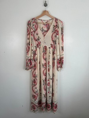 Per Una Kleid Gr. UK 8 Maxi V-Ausschnitt Ecru Rosa Blumen Lang Boho Festival Hippie