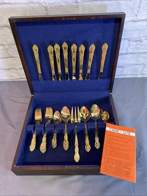 Vintage Estia 24K Gold Plated Flatware Set Korea Ornate Silverware w/ Case