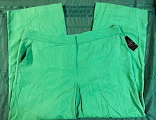 Tahari ASL Women's Green Solid Dress Pants 18W Plus Flat Front Rayon Linen
