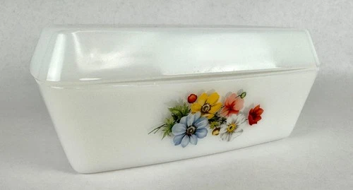 Vintage Milk Glass Butter Dish With Lid Floral Refrigerator Dish Kitchen