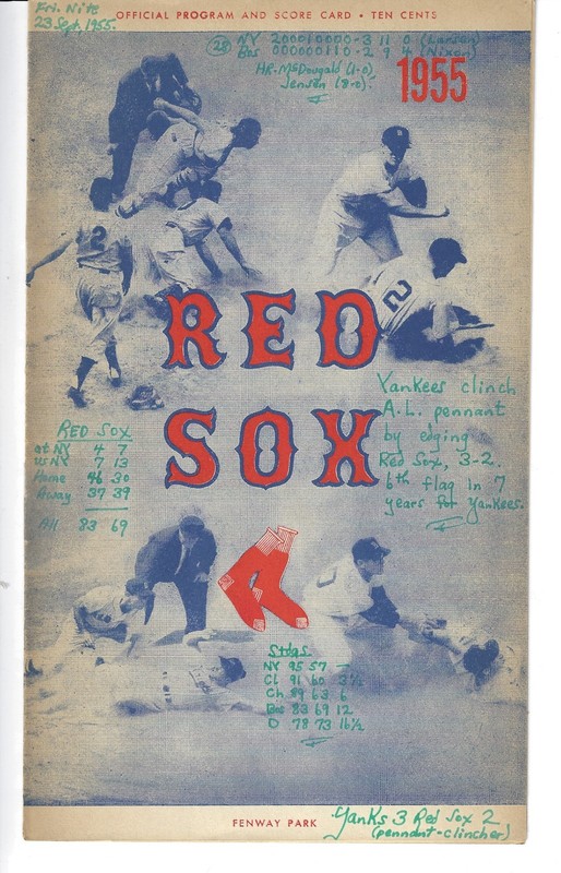 SEPT 23, 1955 PROGRAM-RED SOX VS YANKEES-YANKEES WIN TO CLINCH THE PENNANT