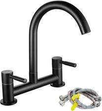 2 Hole Kitchen Sink Mixer Tap Black Dual Lever 360° Swivel Bridge Fauce