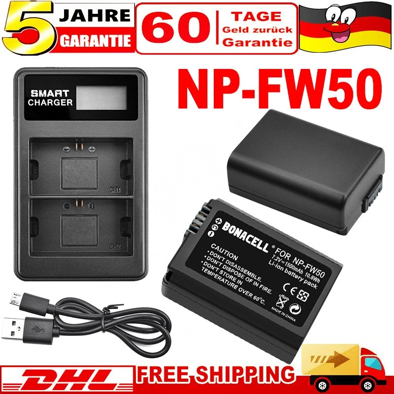 BONACELL 2x 1500mAh NP-FW50 Akku&Dual-Ladegerät Für Sony Alpha 6000 6300,5000 7 II NEX-3