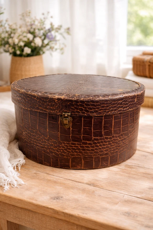 Boîte à chapeau vintage ronde simili cuir croco marron poignée hat box ancienne - Photo 2/4