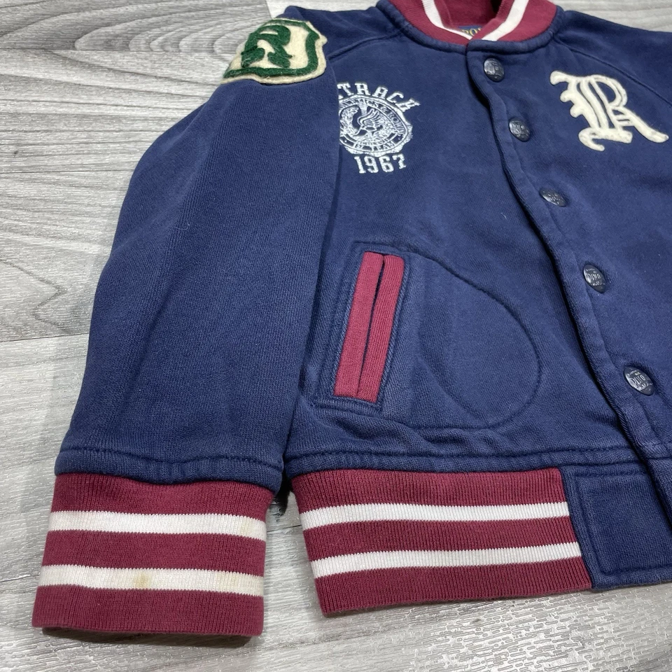 Chaqueta Universitaria Polo Ralph Lauren Niños 4 Azul Marino Ala P Letterman Algodón a Presión Foto 3 de 4