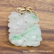 White & Green Jade Carving Pendant with 14K Yellow Gold Bail